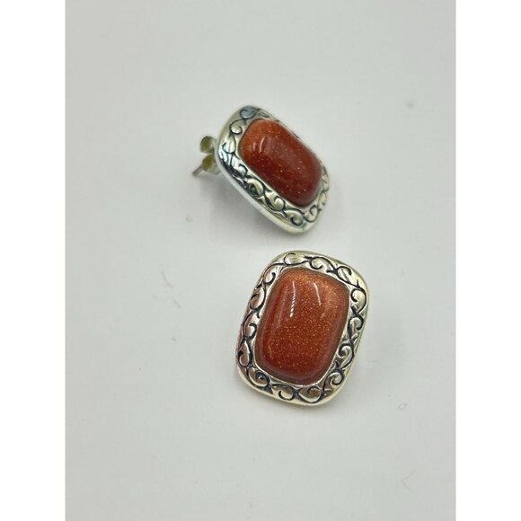 Vintage Goldstone & Sterling Silver Stud Earrings Pierced Retangular Studs - Picture 2 of 7